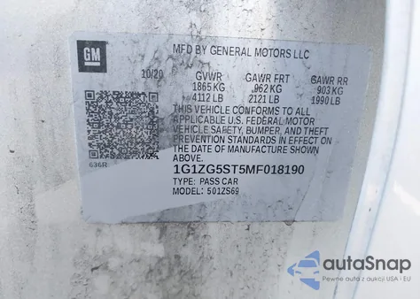 2021 Chevrolet Malibu Fwd Rs z USA, uszkodzony, nr VIN 1G1ZG5ST5MF018190